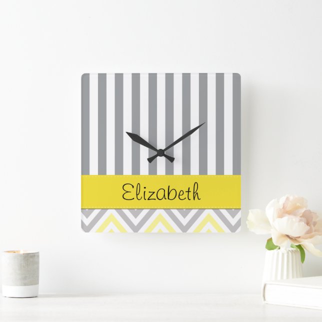 Your Name - Zigzag Pattern, Chevron - Yellow Grey Square Wall Clock (Home)