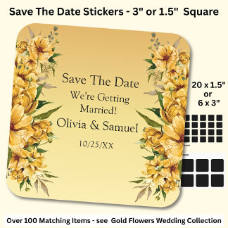 Your Names, Save The Date, Golden Yellow Flowers Square Sticker