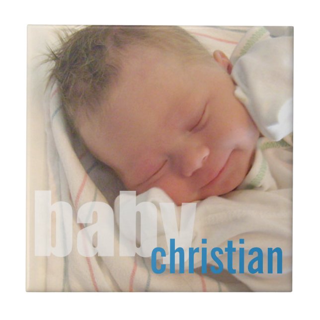 Your newborn baby boy photo keepsake blue name tile (Front)