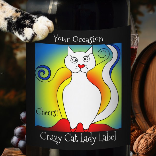 Your Occasion Crazy Cat Lady Wine Label (Whimsical wine label featuring a Mondriaan inspired cat in primary colors)
