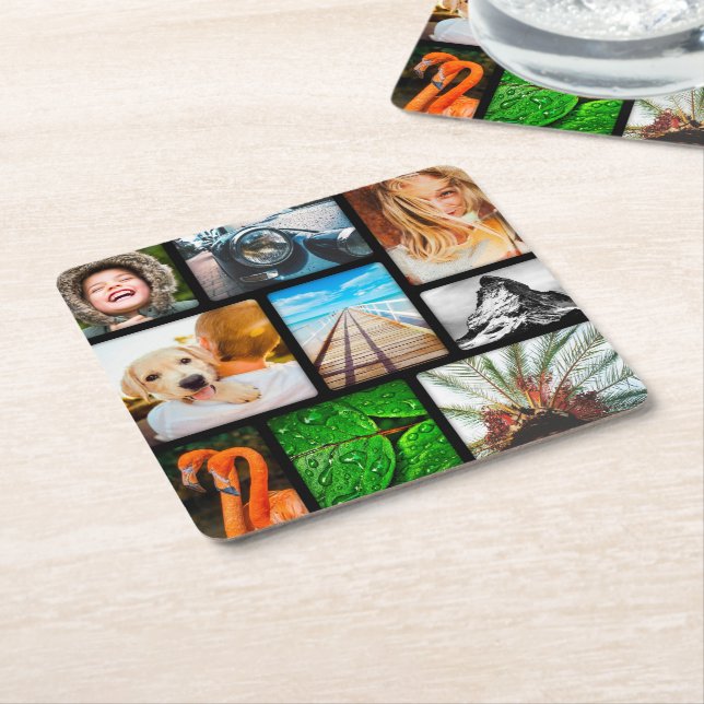 Your Own 9 Photo Collage Framed Black Square Paper Coaster (Angled)