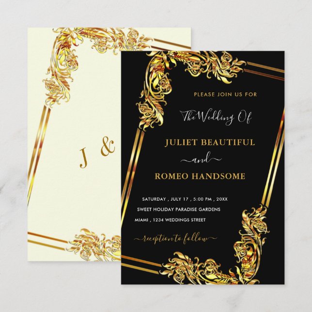 Your Own Design Art Black Gold Wedding Invitation (Front/Back)