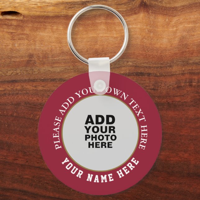 your own name, text & photo on a red key ring (Front)