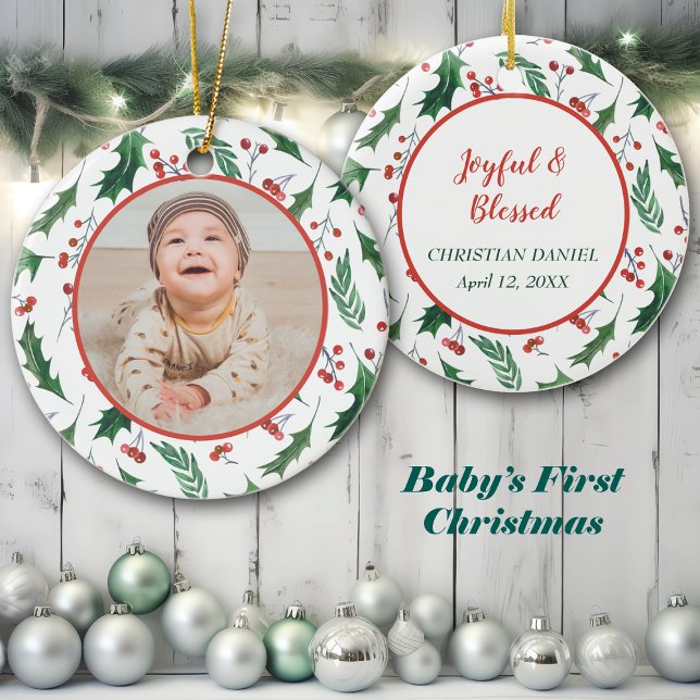 Your Own Photo Template Red Berry Holly Border Ceramic Ornament (Creator Uploaded)