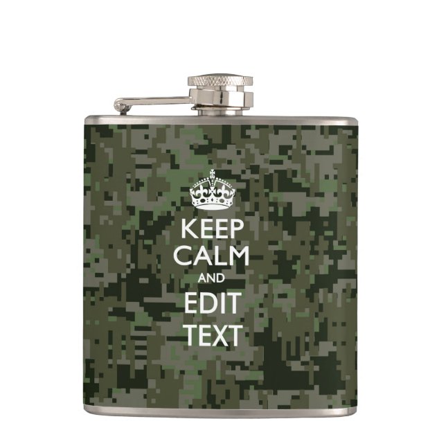 Your Own Text Digital Camo Woodland Keep Calm Hip Flask (Front)