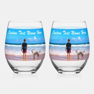 Your Pet Photo and Custom Text Personalised Gift Stemless Wine Glass