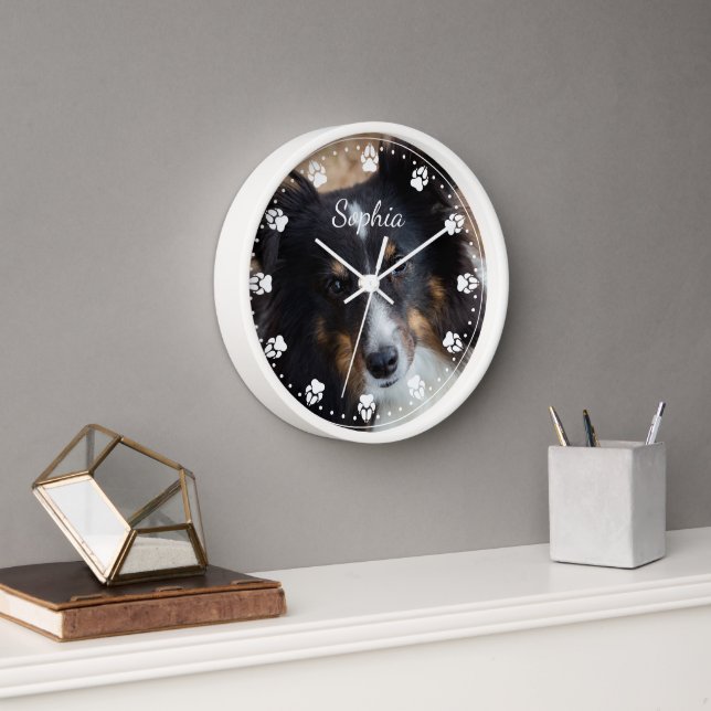 Your Pet Photo And Text & Any Colour Paw Clock Fac (Office)