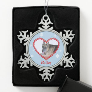 Your pet photo paw print heart custom name snowflake pewter christmas ornament