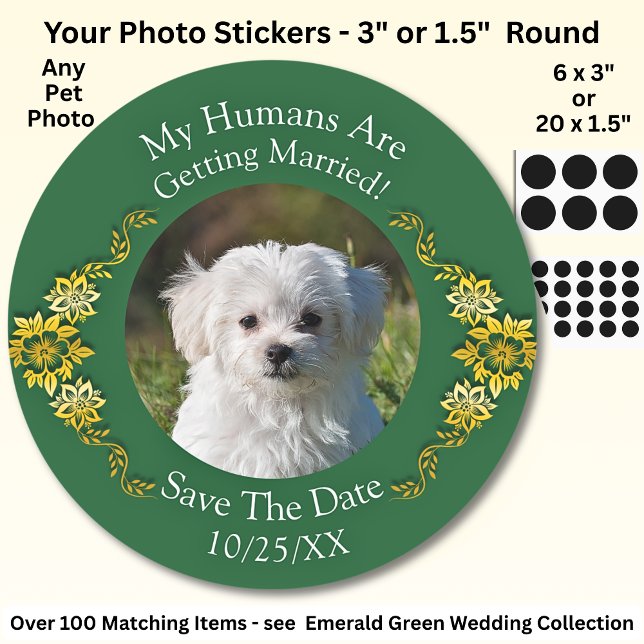 Your Pet Photo, Save The Date, Emerald Green & Gol Classic Round Sticker (Creator Uploaded)