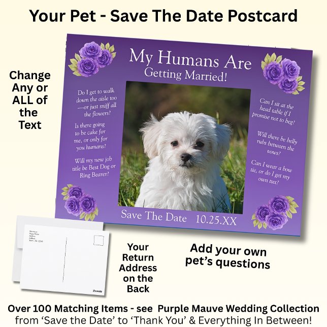 Your Pet Photo Save The Date Purple Mauve Flowers  Postcard (Creator Uploaded)