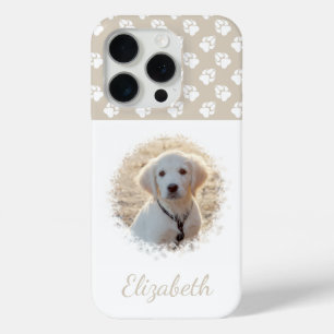 Your Pet Photo & White Paws On Beige & Custom Name iPhone 15 Pro Case