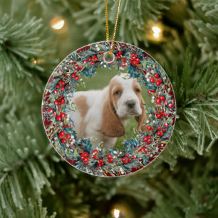 Your Pet's Photo Dog Christmas cute  Xmas wreath Ceramic Ornament