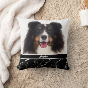 Your Pet's Photo On Faux Black Marble & Name Cushion