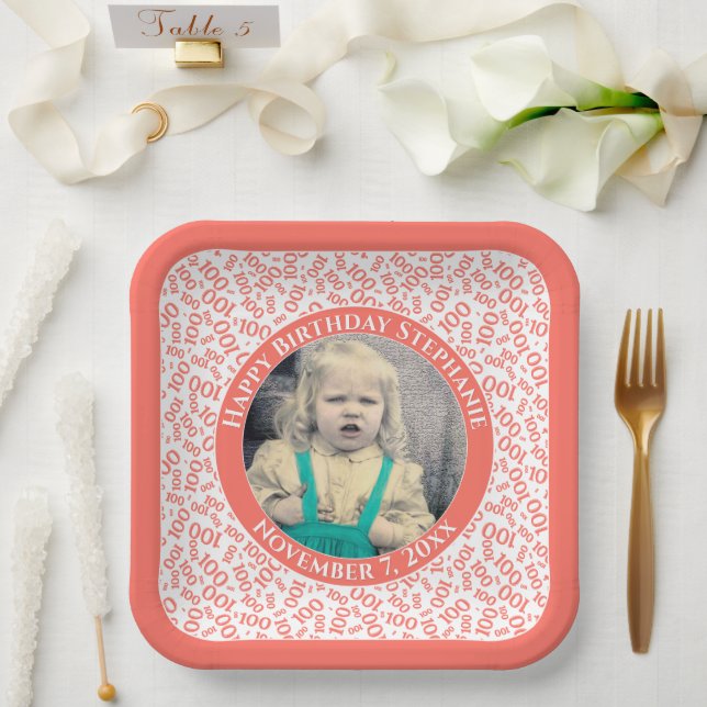 Your Photo 100 Random Number Pattern Coral/White  Paper Plate (Wedding)