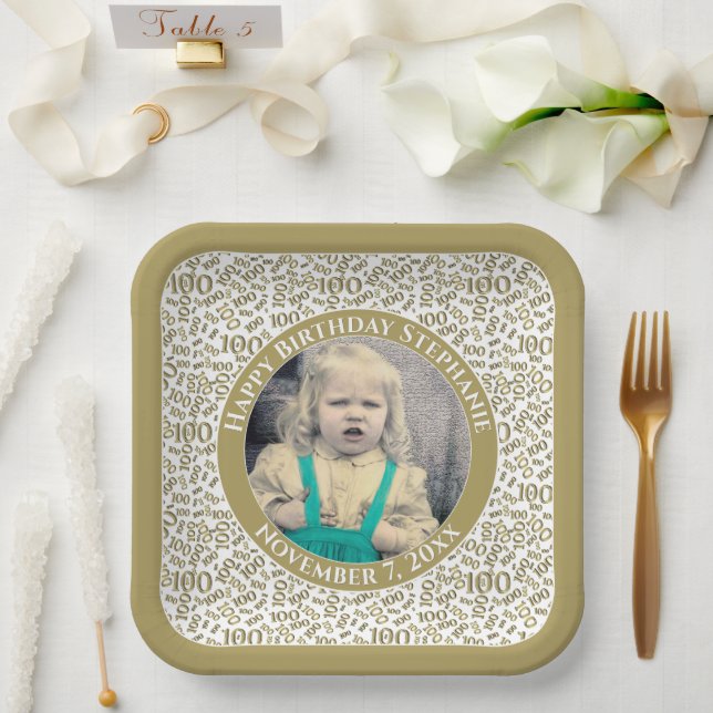 Your Photo 100 Random Number Pattern Gold/white  Paper Plate (Wedding)