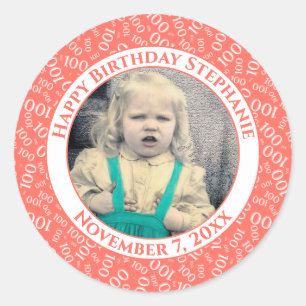 Your Photo 100th Birthday Number Pattern   Coral Classic Round Sticker