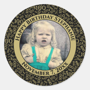Your Photo 100th Birthday Pattern   Black/Gold Classic Round Sticker