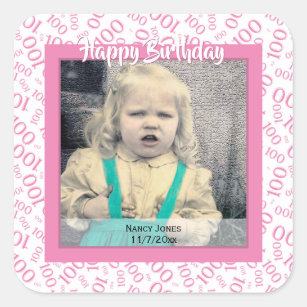 Your Photo:  100th Number Pattern Pink/White Square Sticker