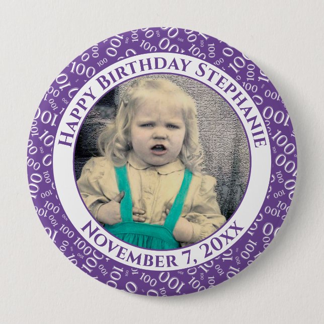 Your Photo 100th Number Pattern Purple/White 10 Cm Round Badge (Front)