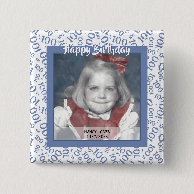 Your Photo 100th Random Number Pattern Blue/White 15 Cm Square Badge (Front)