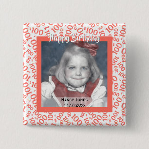 Your Photo 100th Random Number Pattern Coral/White 15 Cm Square Badge