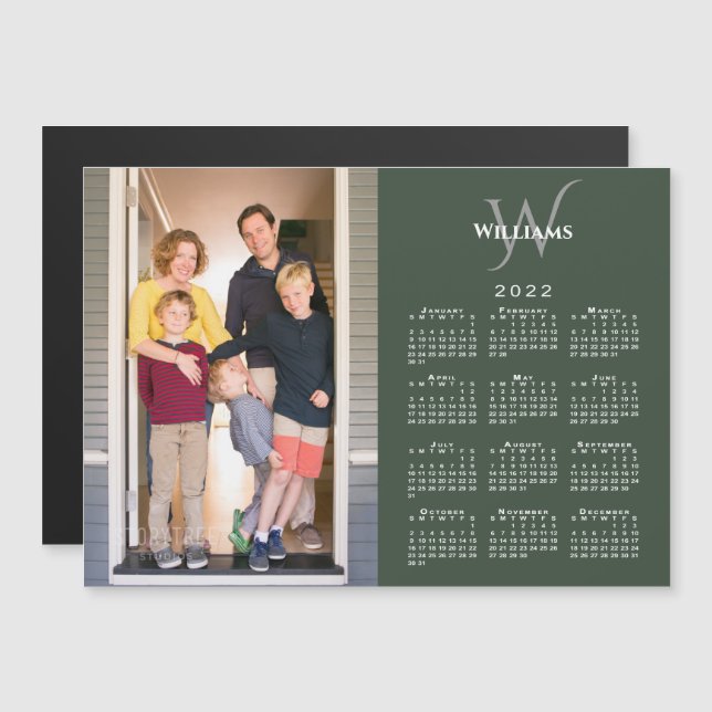 Your Photo 2022 Calendar Monogram Name on Green (Front/Back)
