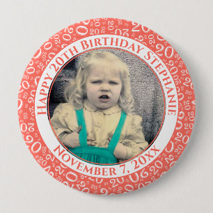 Your Photo 20 Random Number Pattern Coral/White 10 Cm Round Badge