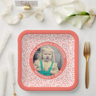 Your Photo 20 Random Number Pattern Coral/White Paper Plate