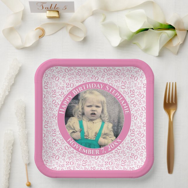 Your Photo 20 Random Number Pattern Pink/White  Paper Plate (Wedding)