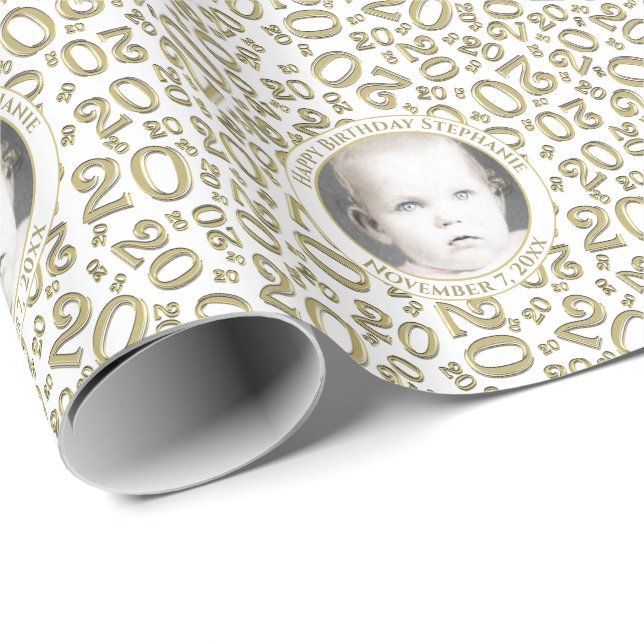 Your Photo | 20th White/Gold Random Number Wrapping Paper (Roll Corner)