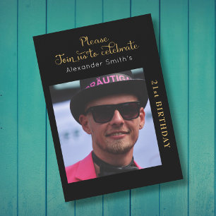 Your Photo 21st Birthday Black And Gold Invitation