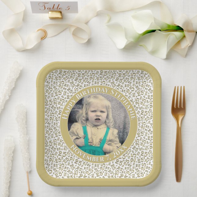 Your Photo 25 Random Number Pattern Gold/White  Paper Plate (Wedding)