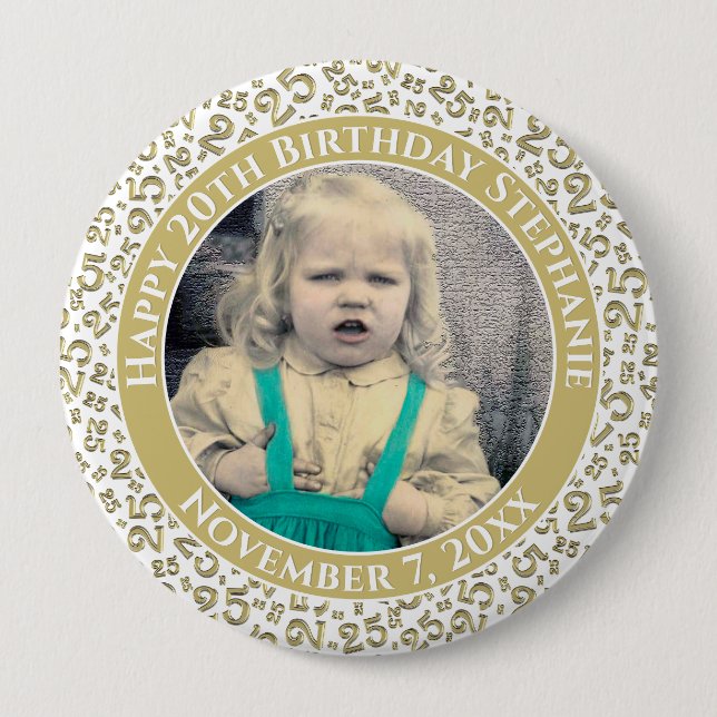 Your Photo 25th Birthday Number Pattern Gold/White 10 Cm Round Badge (Front)