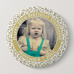 Your Photo 25th Birthday Number Pattern Gold/White 10 Cm Round Badge
