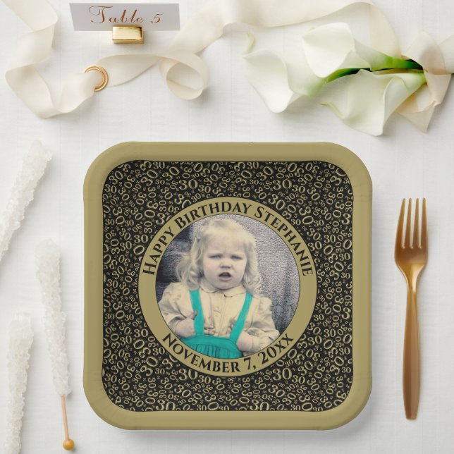 Your Photo 30 Random Number Pattern Black/Gold  Paper Plate (Wedding)