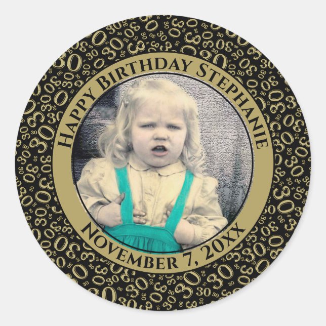 Your Photo 30th Birthday Number | Black/Gold 30 Classic Round Sticker (Front)