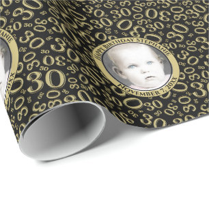 Your Photo   30th Black/Gold Number Pattern Wrapping Paper