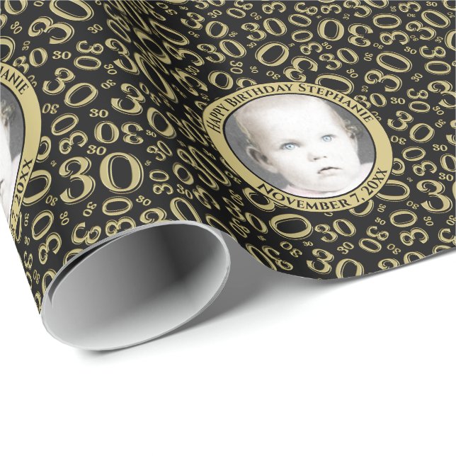 Your Photo | 30th Black/Gold Number Pattern Wrapping Paper (Roll Corner)