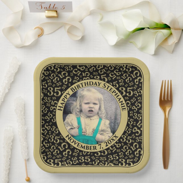 Your Photo 35 Random Number Pattern Black/Gold  Paper Plate (Wedding)