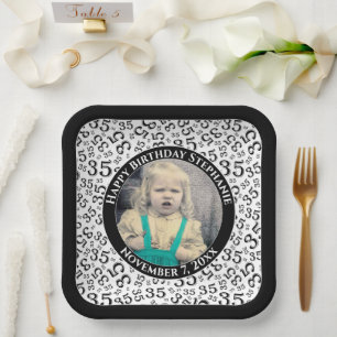 Your Photo 35 Random Number Pattern Black/White Paper Plate