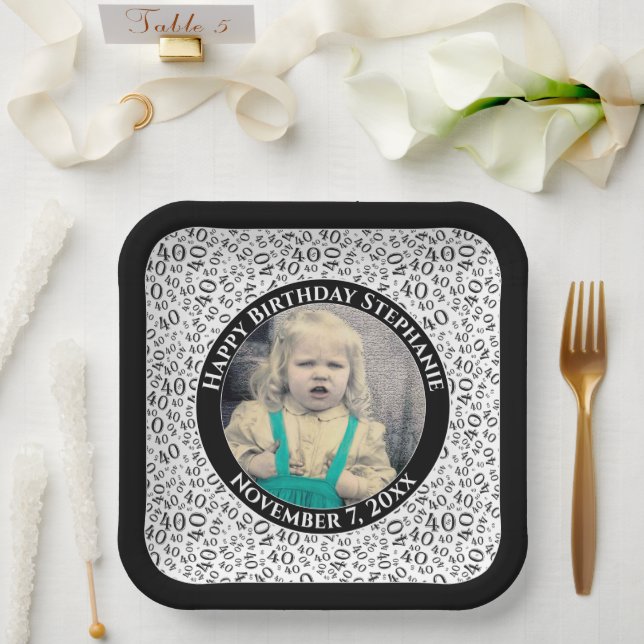 Your Photo 40 Random Number Pattern Black/White  Paper Plate (Wedding)