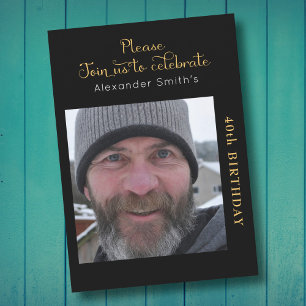 Your Photo 40th Birthday Black And Gold Invitation