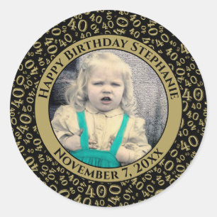 Your Photo 40th Random Number Pattern Black/Gold Classic Round Sticker