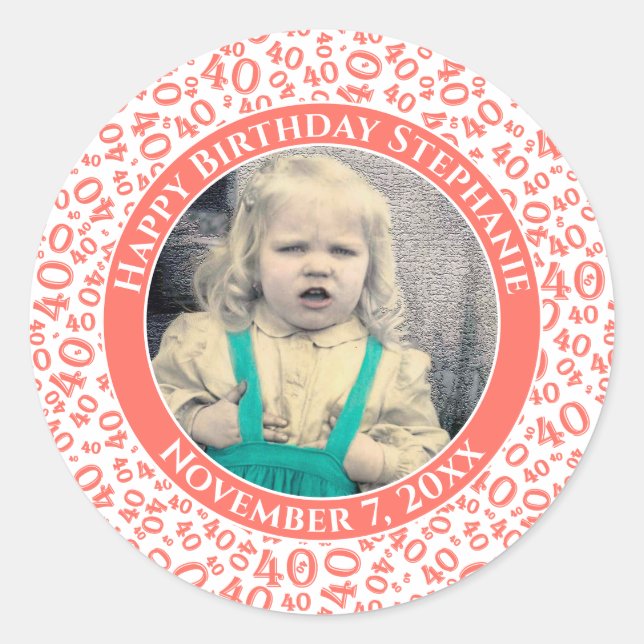 Your Photo 40th Random Number Pattern Coral Classic Round Sticker (Front)