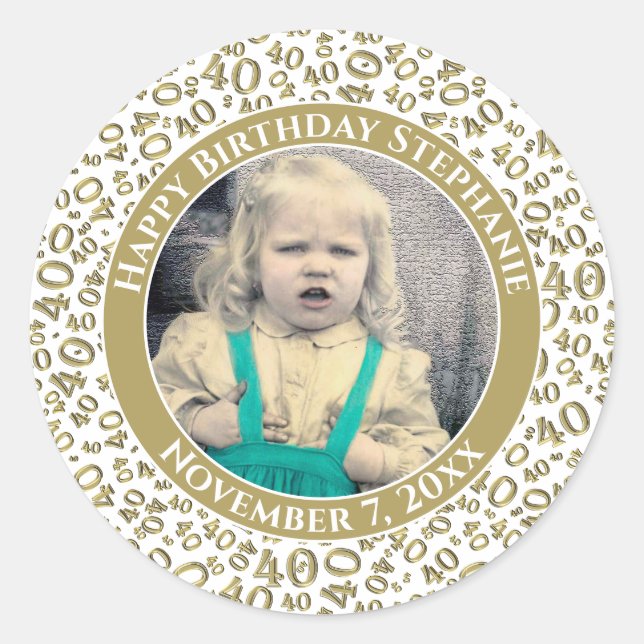 Your Photo 40th Random Number Pattern Gold Classic Round Sticker (Front)
