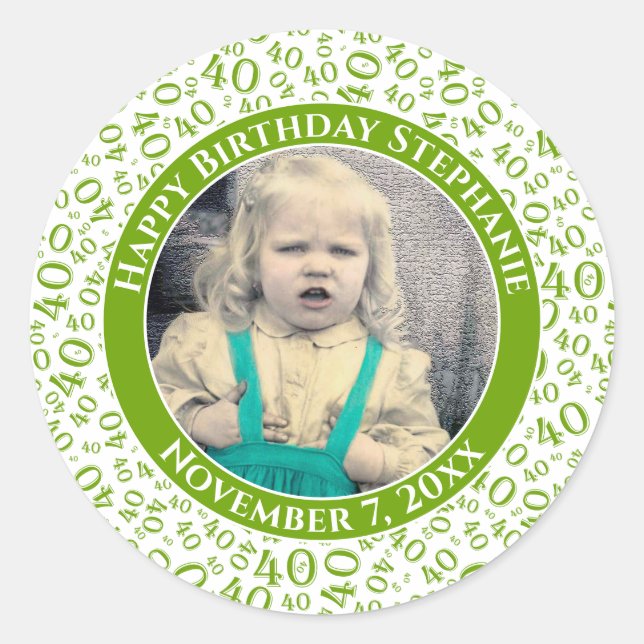 Your Photo 40th Random Number Pattern Green Classic Round Sticker (Front)