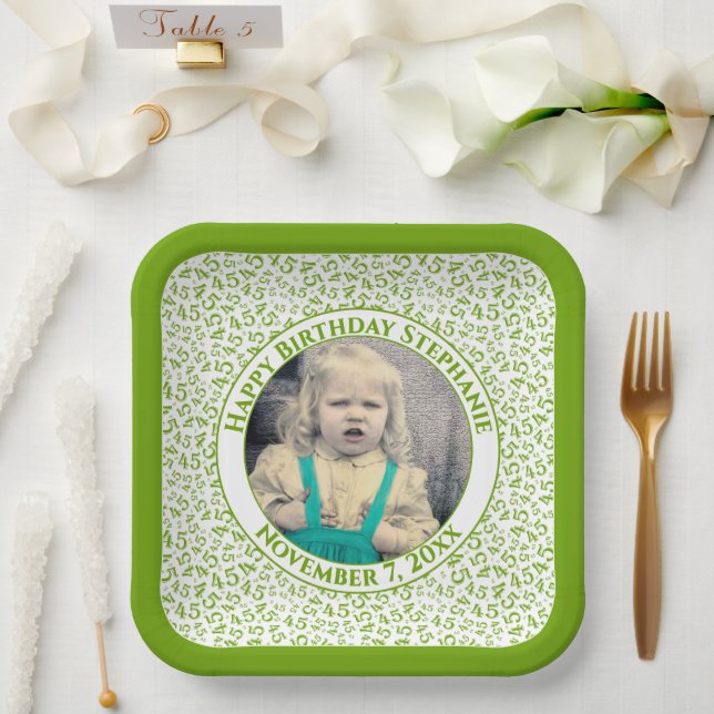 Your Photo 45 Random Number Pattern Green/White  Paper Plate (Wedding)