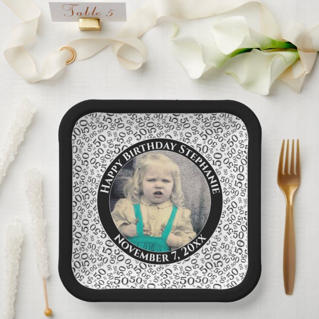 Your Photo 50 Random Number Pattern Gold/White  Paper Plate (Wedding)