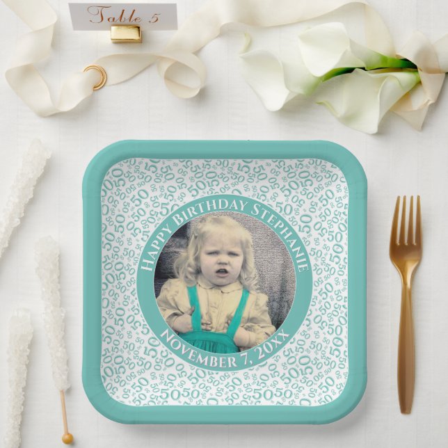 Your Photo 50 Random Number Pattern Teal/White  Paper Plate (Wedding)