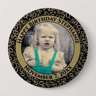 Your Photo 50th Birthday Number | Black/Gold 10 Cm Round Badge